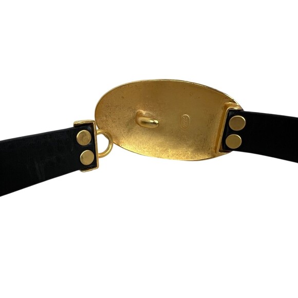 Chico's Black Leather Slide Adj Belt w Gold-Tone Buckle  Size M/L  Art Deco - Picture 2 of 9